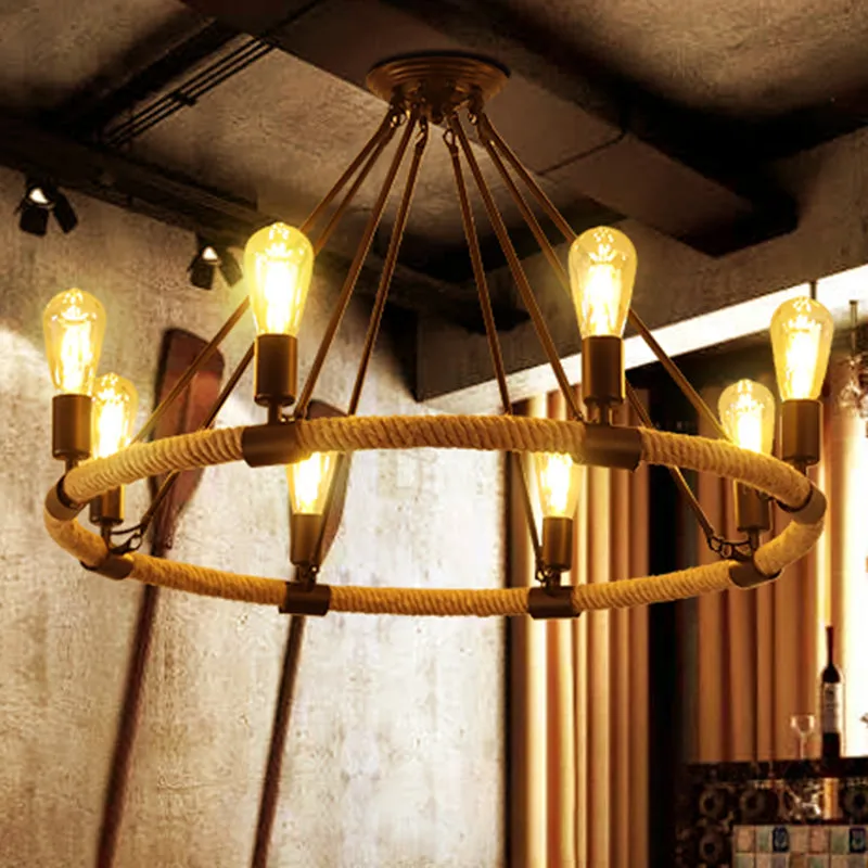 Hemp Rope Chandelier Pendant Light with Vintage Flair - Flaxen Restaurant Hanging Light