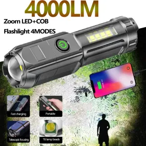 High Power Light Flashlight Outdoor Portable Telescopic Focusing Flashlight COB with Side Lights Dual Light Source Flashlight