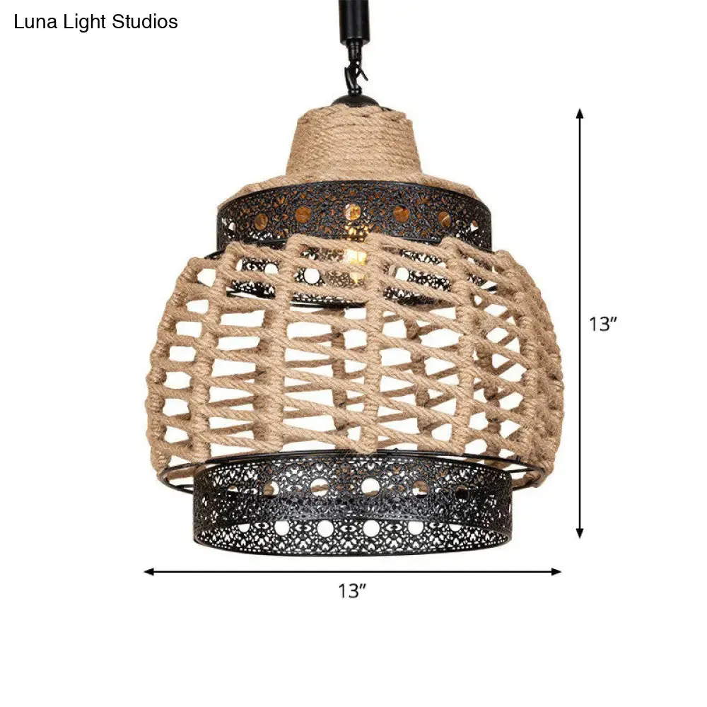 Hollowed-Out Brown Lantern Pendant Light with Hand-Wrapped Rope