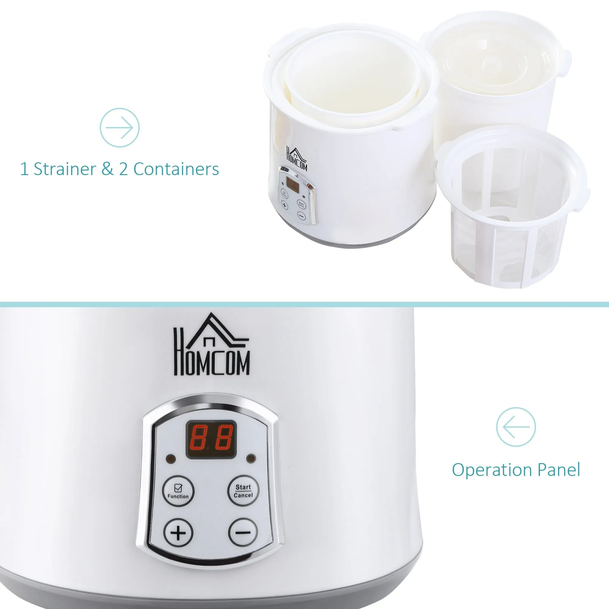 HOMCOM Yoghurt Maker 3 in 1 with Strainer, Multifunctional Yogurt Machine with Digital Display, Timer for Greek Yoghurt, Rice Wine Strainer