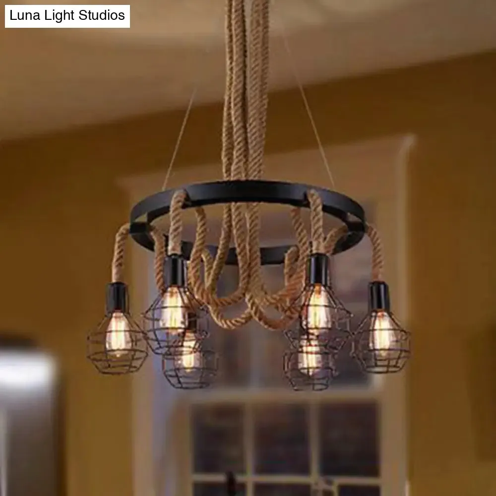 Industrial Iron Cage Chandelier with Hemp Rope - Black 6-Light Pendant Light for Dining Room