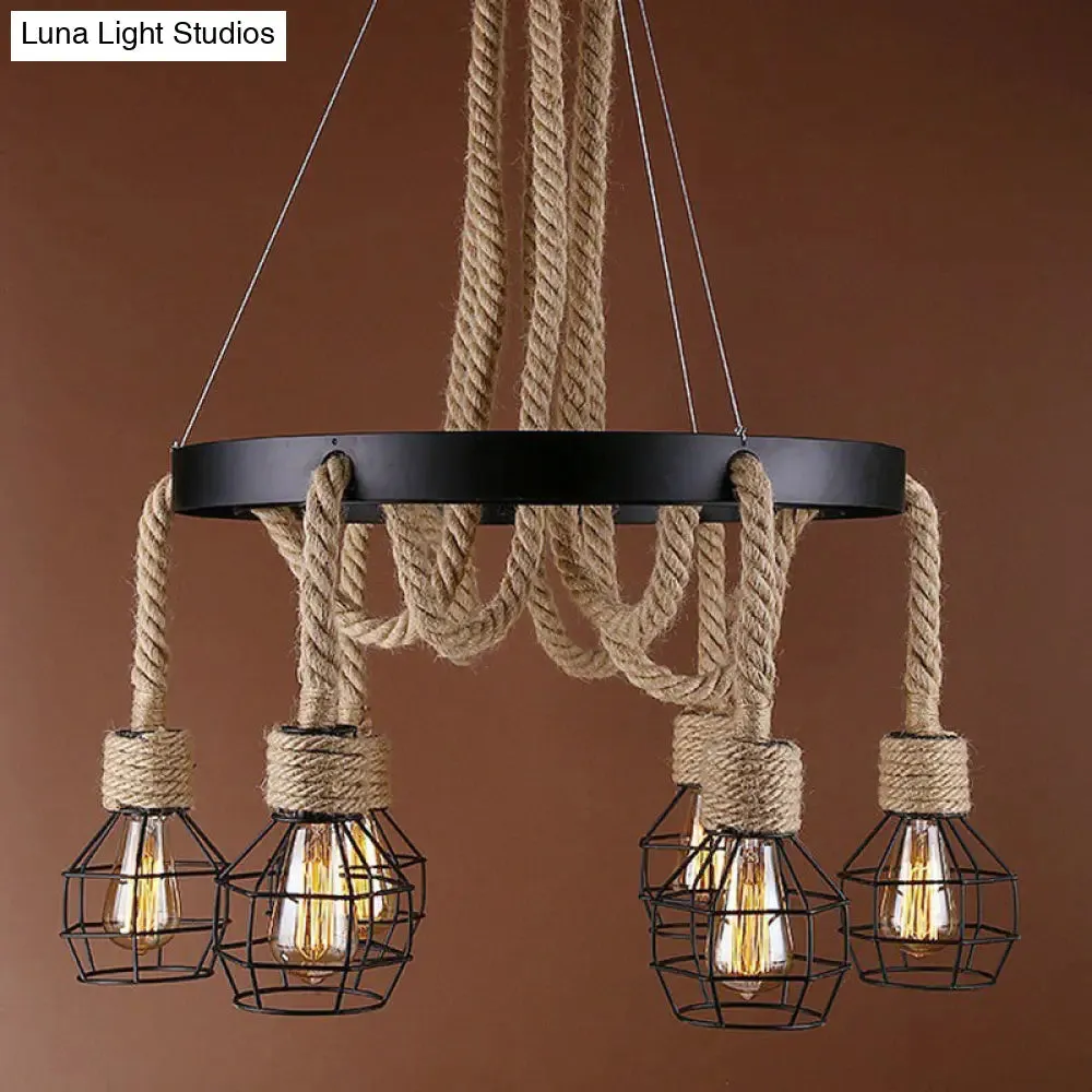 Industrial Iron Cage Chandelier with Hemp Rope - Black 6-Light Pendant Light for Dining Room