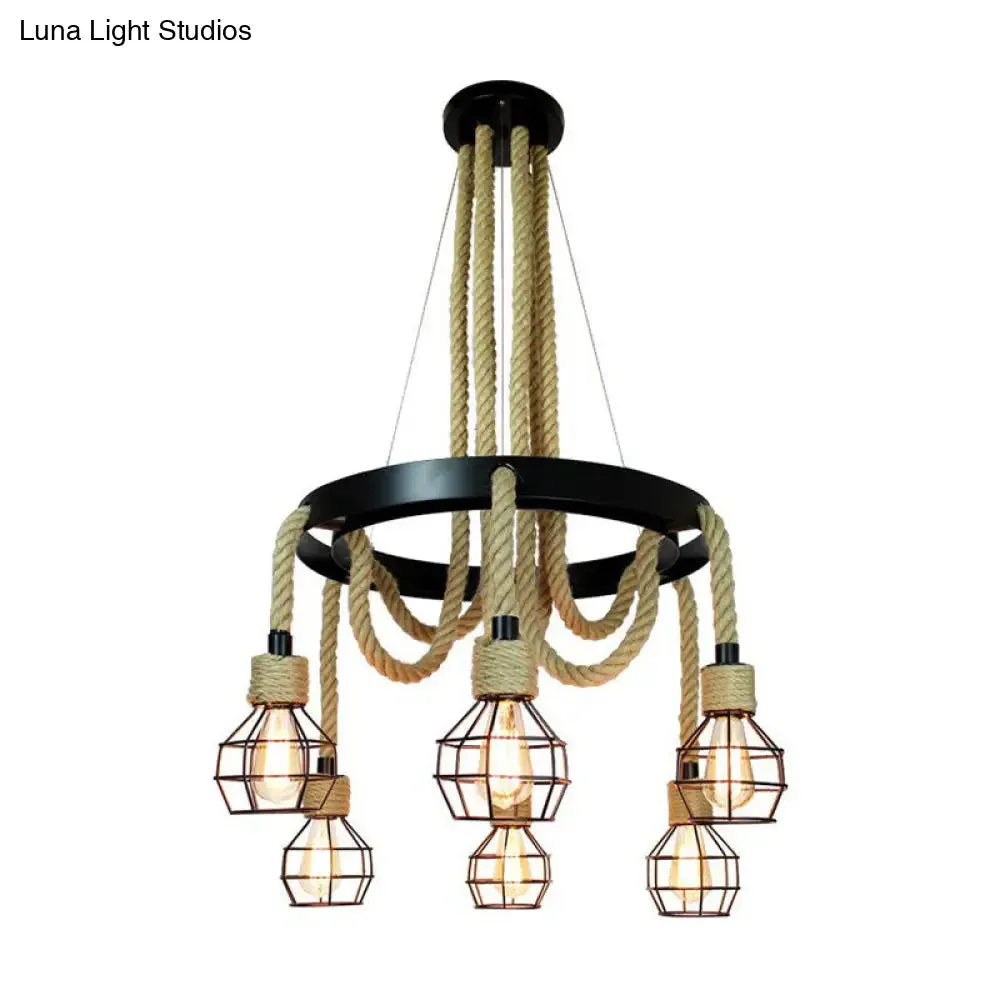 Industrial Iron Cage Chandelier with Hemp Rope - Black 6-Light Pendant Light for Dining Room