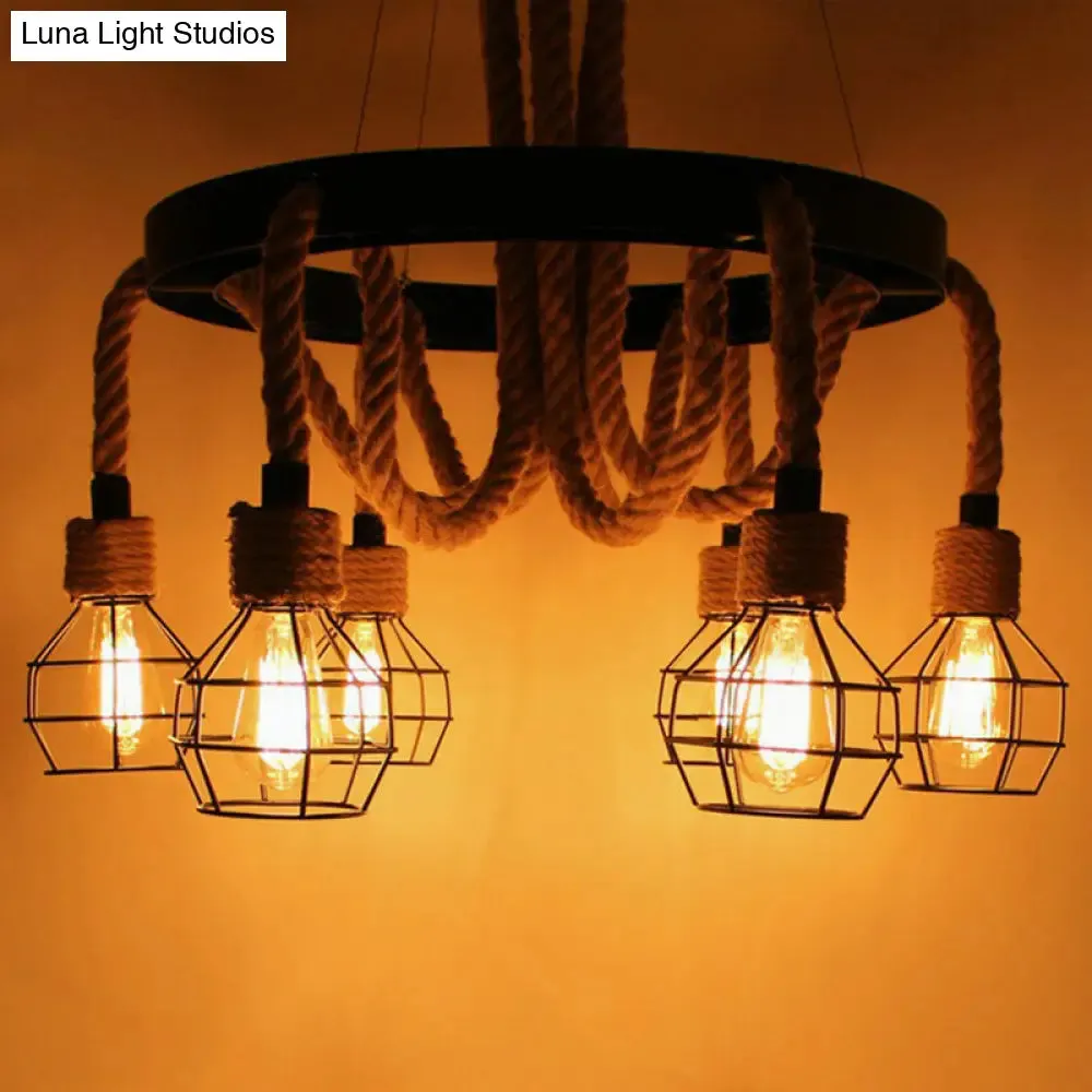 Industrial Iron Cage Chandelier with Hemp Rope - Black 6-Light Pendant Light for Dining Room