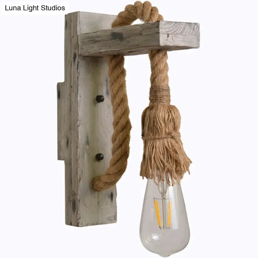 Industrial Wood Wall Lamp with Rope Cord - Grey Finish