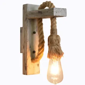 Industrial Wood Wall Lamp with Rope Cord - Grey Finish