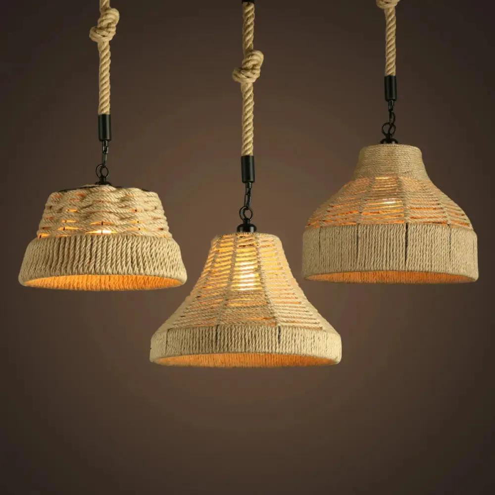 Jute Rope Drop Pendant Rustic Brown Restaurant Hanging Light - Single Hand-Worked Design