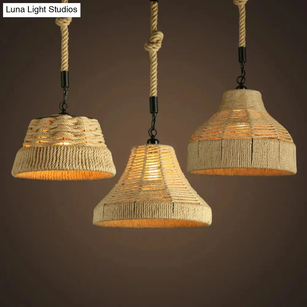 Jute Rope Drop Pendant Rustic Brown Restaurant Hanging Light - Single Hand-Worked Design