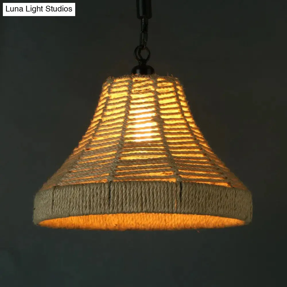 Jute Rope Drop Pendant Rustic Brown Restaurant Hanging Light - Single Hand-Worked Design