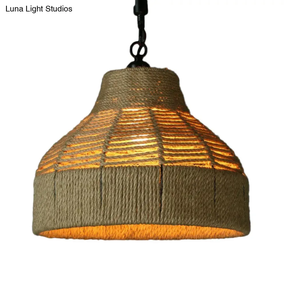 Jute Rope Drop Pendant Rustic Brown Restaurant Hanging Light - Single Hand-Worked Design