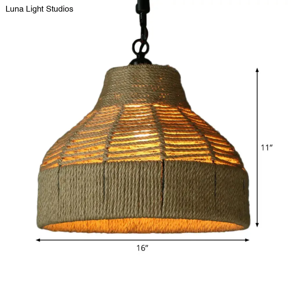 Jute Rope Drop Pendant Rustic Brown Restaurant Hanging Light - Single Hand-Worked Design