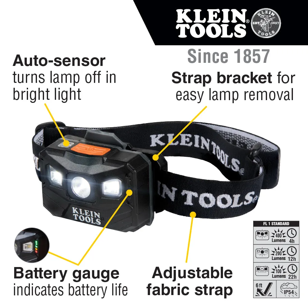 Klein 56048 Rechargeable Headlamp with Strap, 400 Lumen All-Day Runtime, Auto-Off