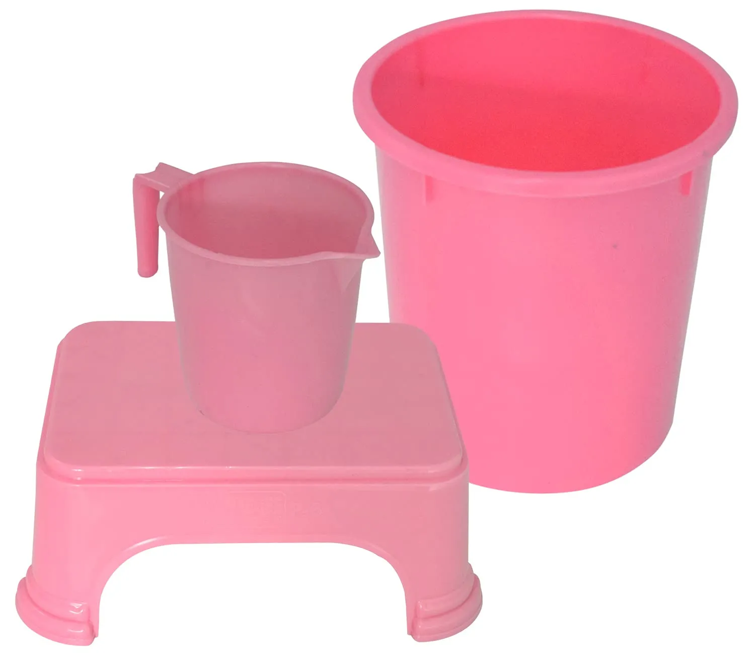 Kuber Industries 3 Pieces Plastic Mug, Dustbin & Stool Set (Pink)