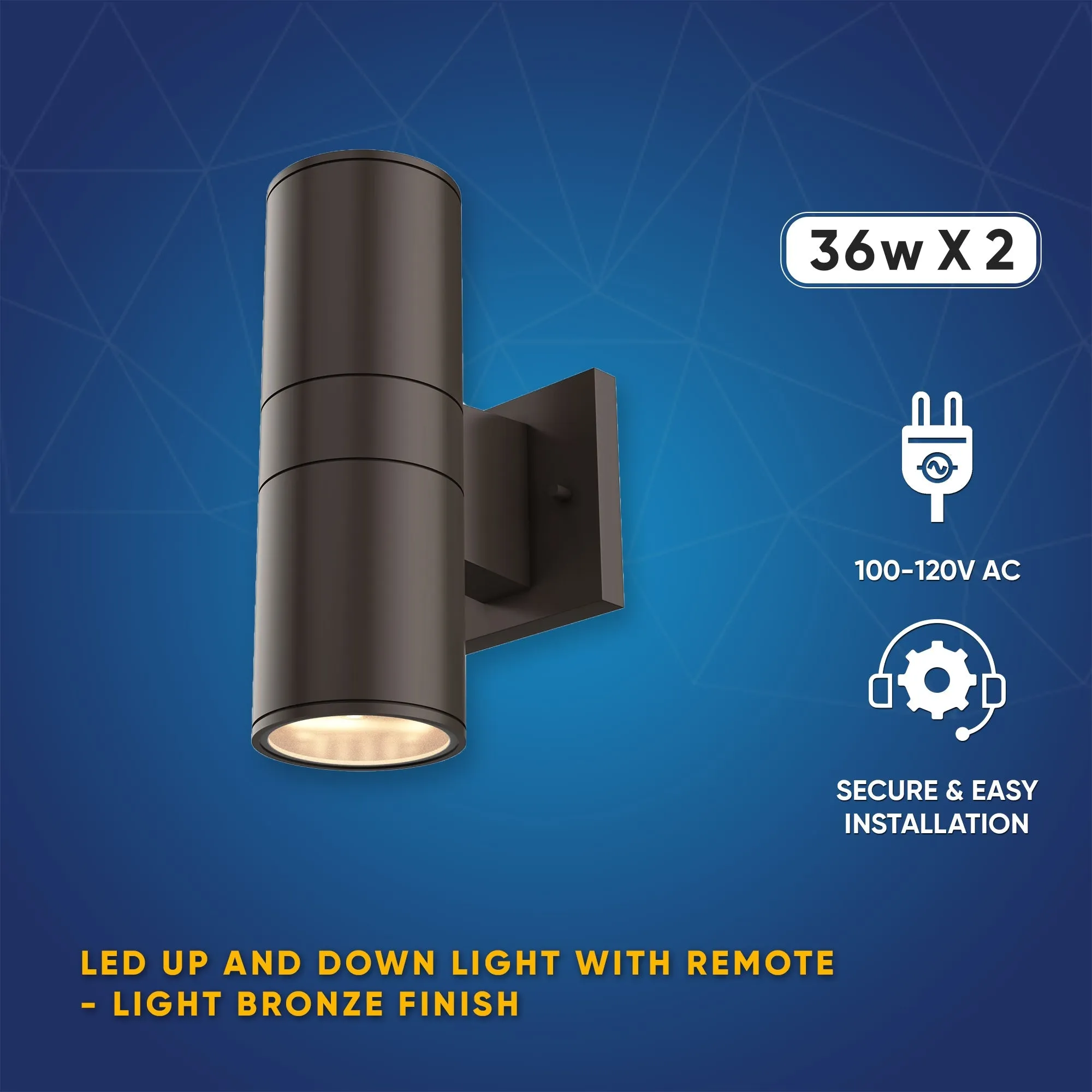 LED Outdoor Up & Down Lights With Remote, RGBW, Cylinder, 36WX2, AC100-277V, IP65, ETL CE RoSH Approval, Outdoor Wall Lights