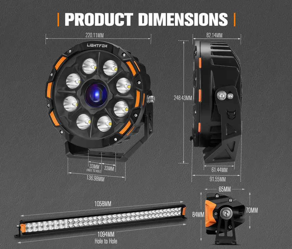 Lightfox 9 inch Osram Laser LED Driving Lights   40 inch LED Dual Row Light Bar   Wiring Kit