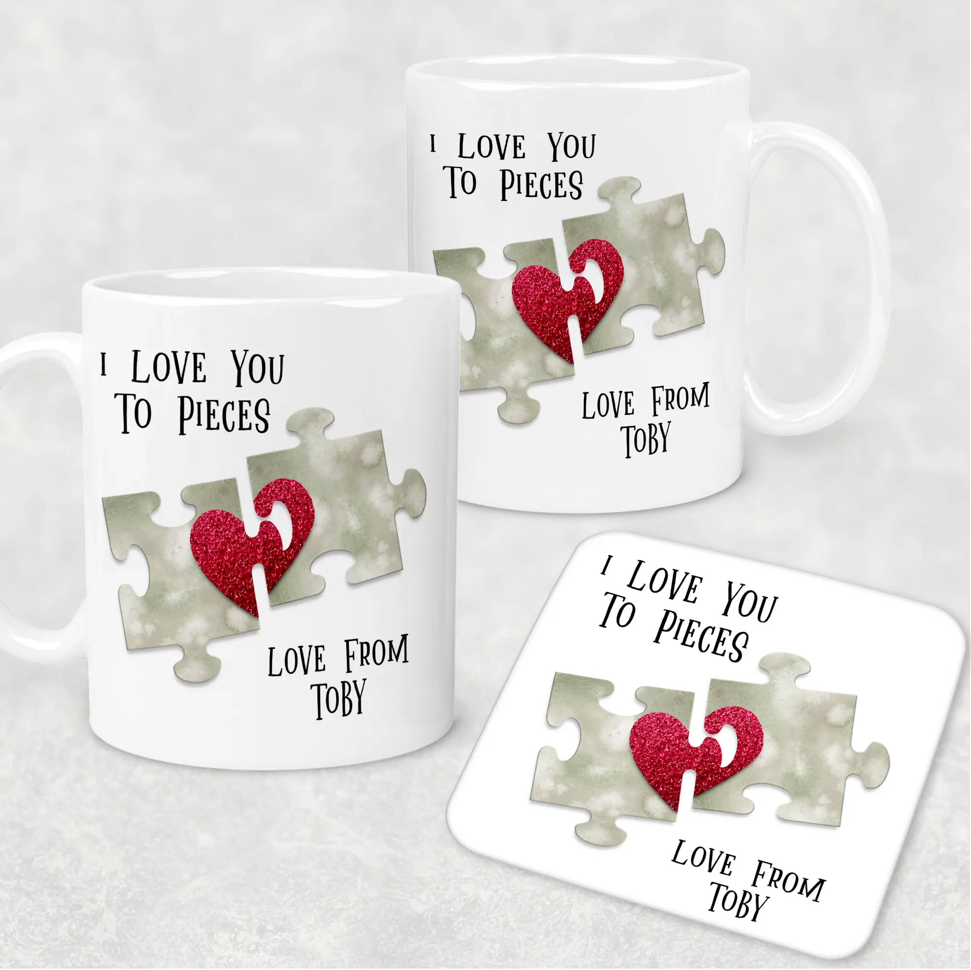 Love You To Pieces Jigsaw Valentine's Day Personalised Mug and Coaster Set