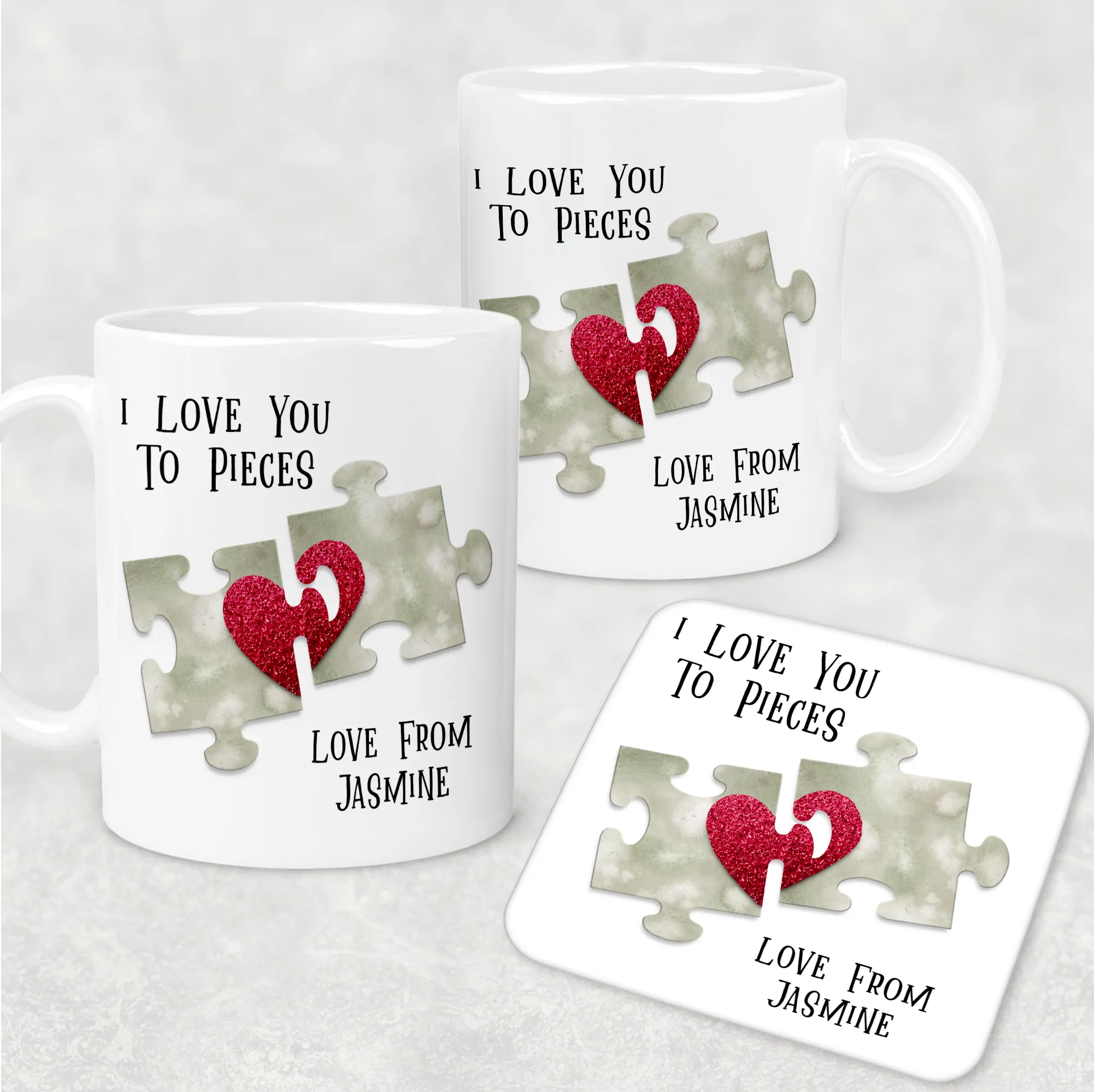 Love You To Pieces Jigsaw Valentine's Day Personalised Mug and Coaster Set