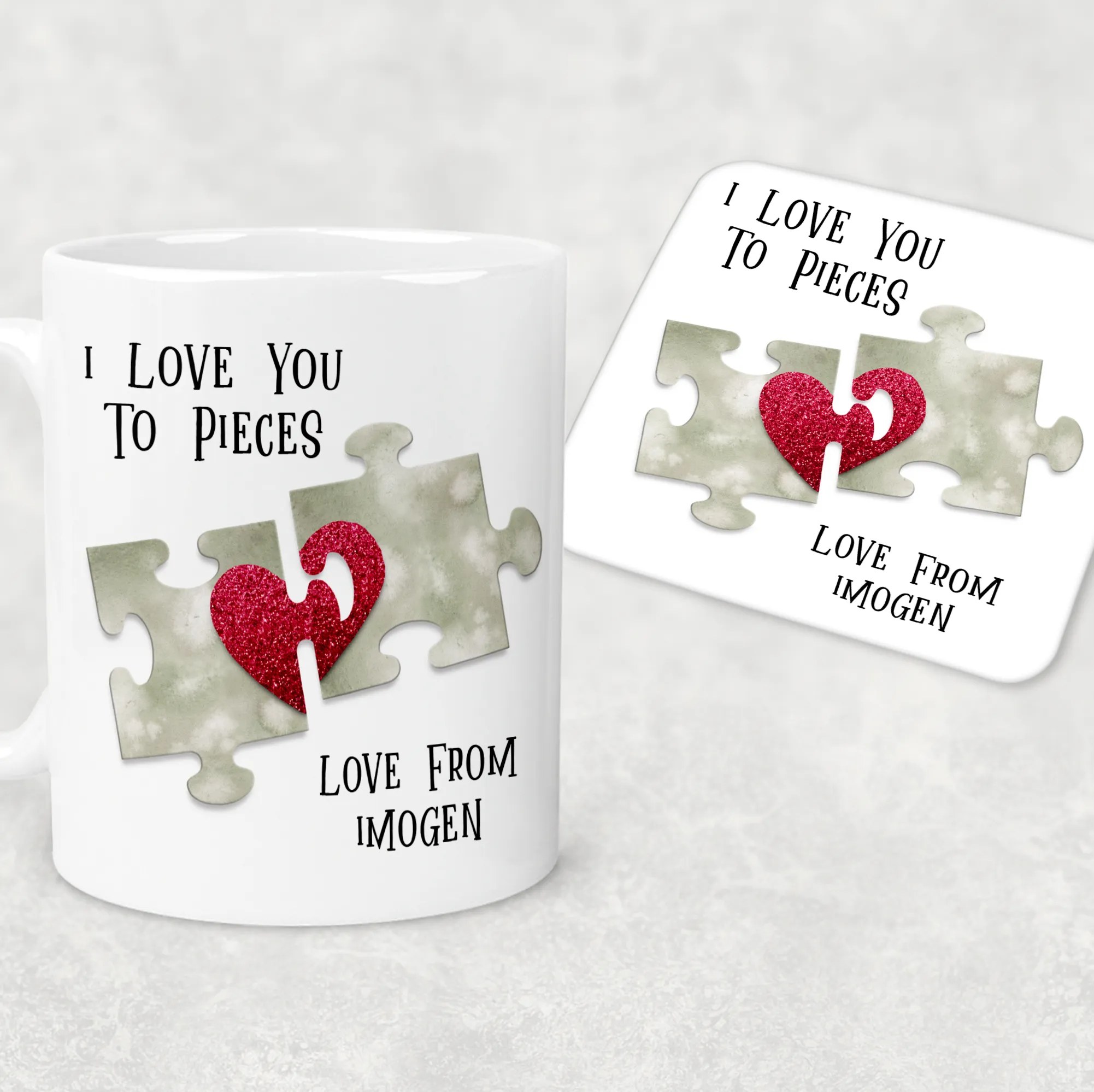 Love You To Pieces Jigsaw Valentine's Day Personalised Mug and Coaster Set