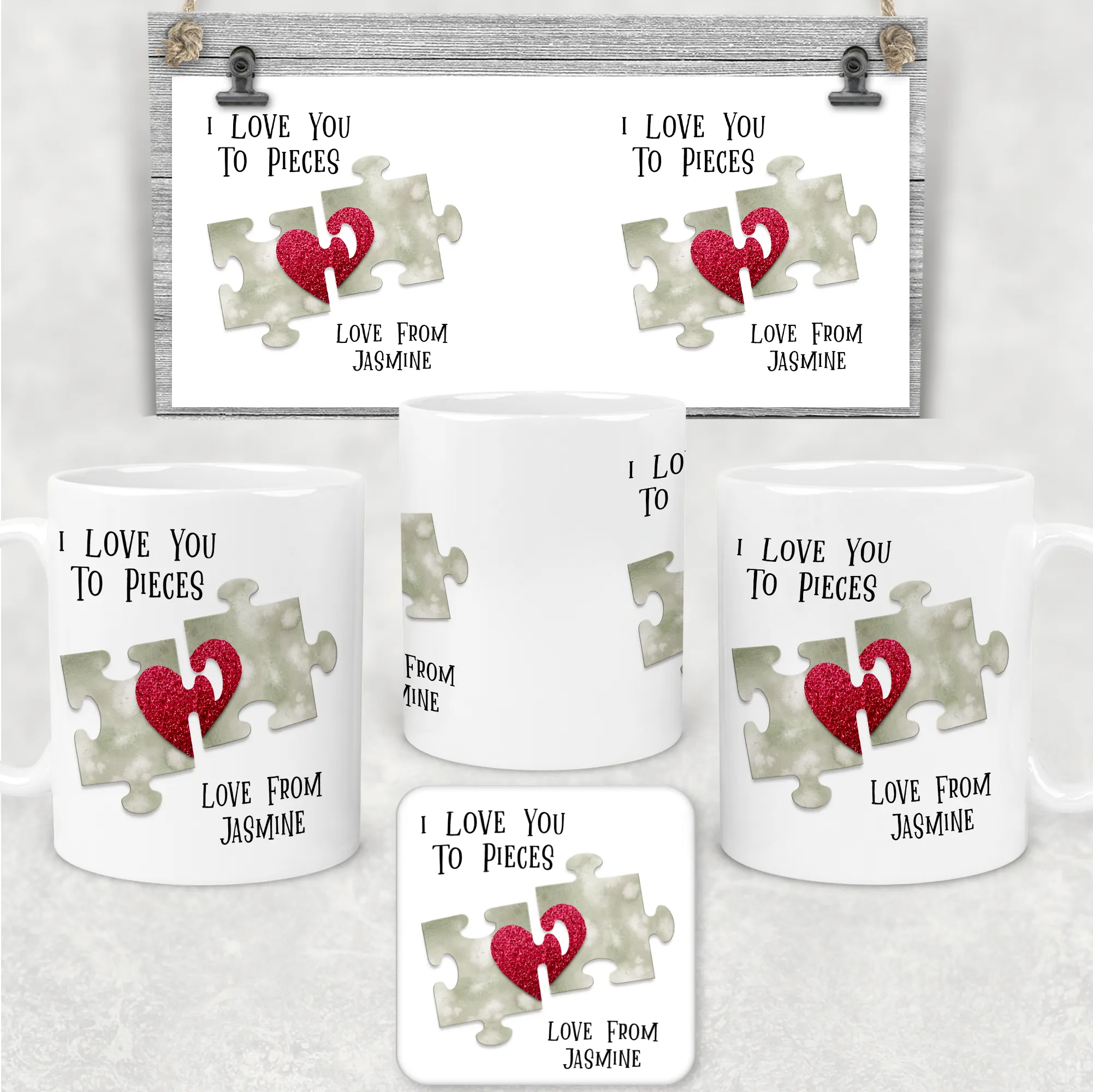 Love You To Pieces Jigsaw Valentine's Day Personalised Mug and Coaster Set