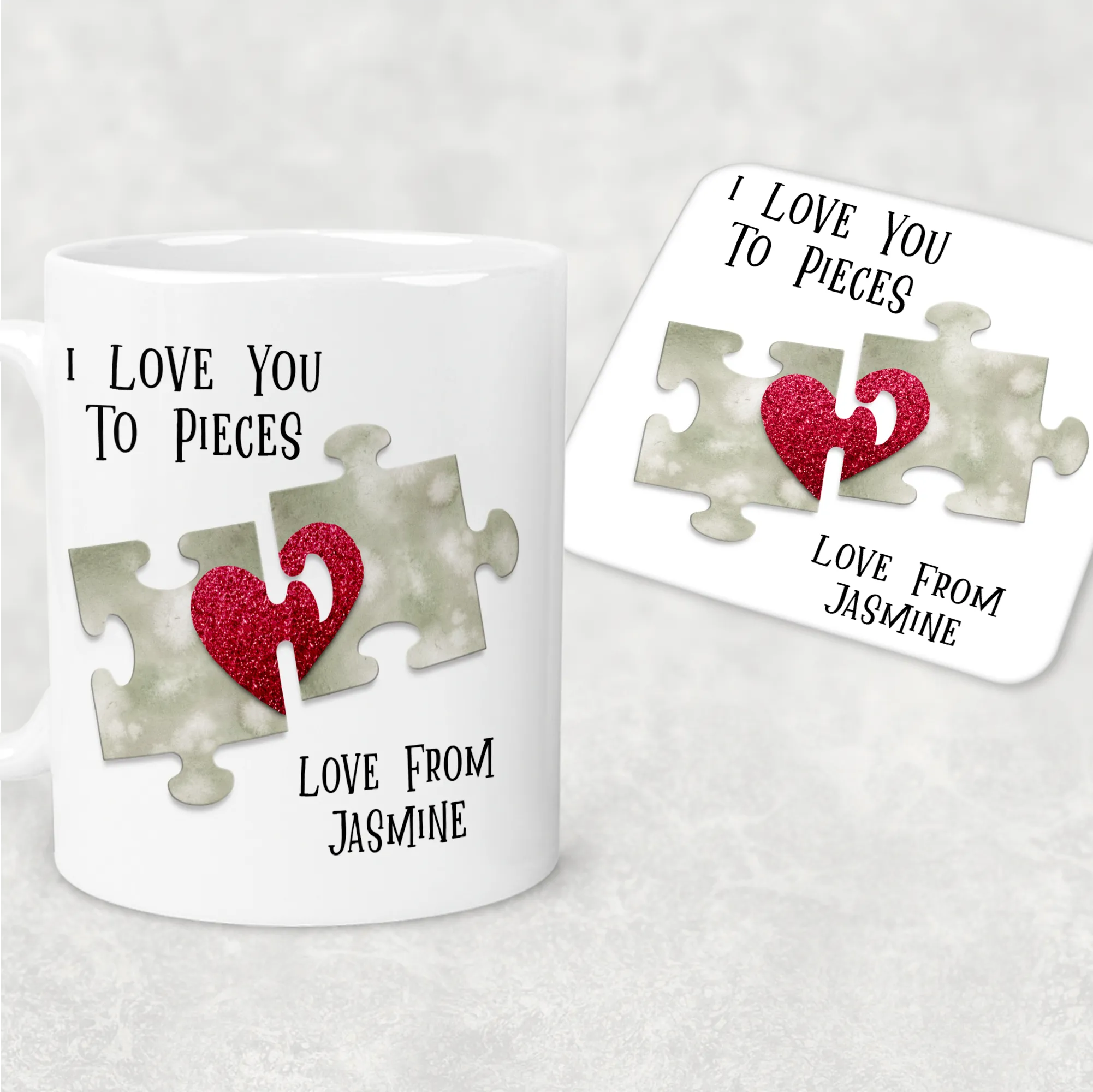 Love You To Pieces Jigsaw Valentine's Day Personalised Mug and Coaster Set