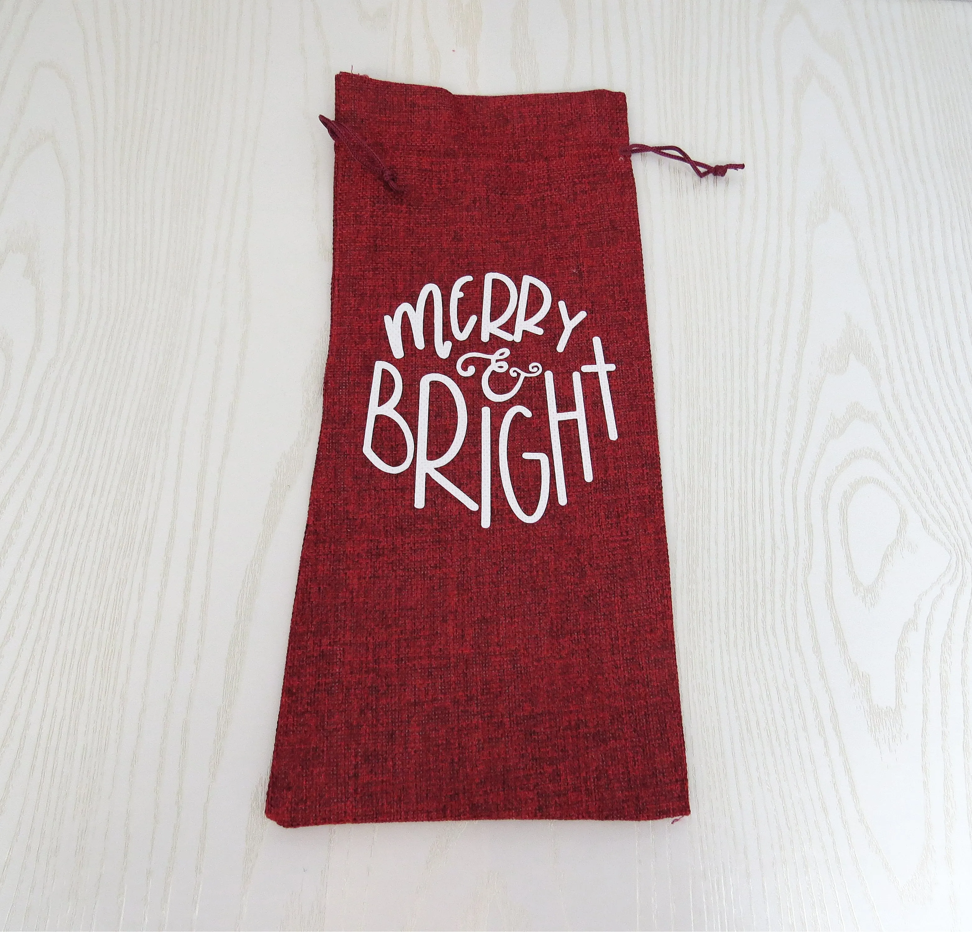 Merry & Bright Holiday Christmas Gift Wine Bag - Housewarming Party Decorations - Burlap Drawstring Wine Bag - Mr & Mrs - Merry Holiday Tote Bag