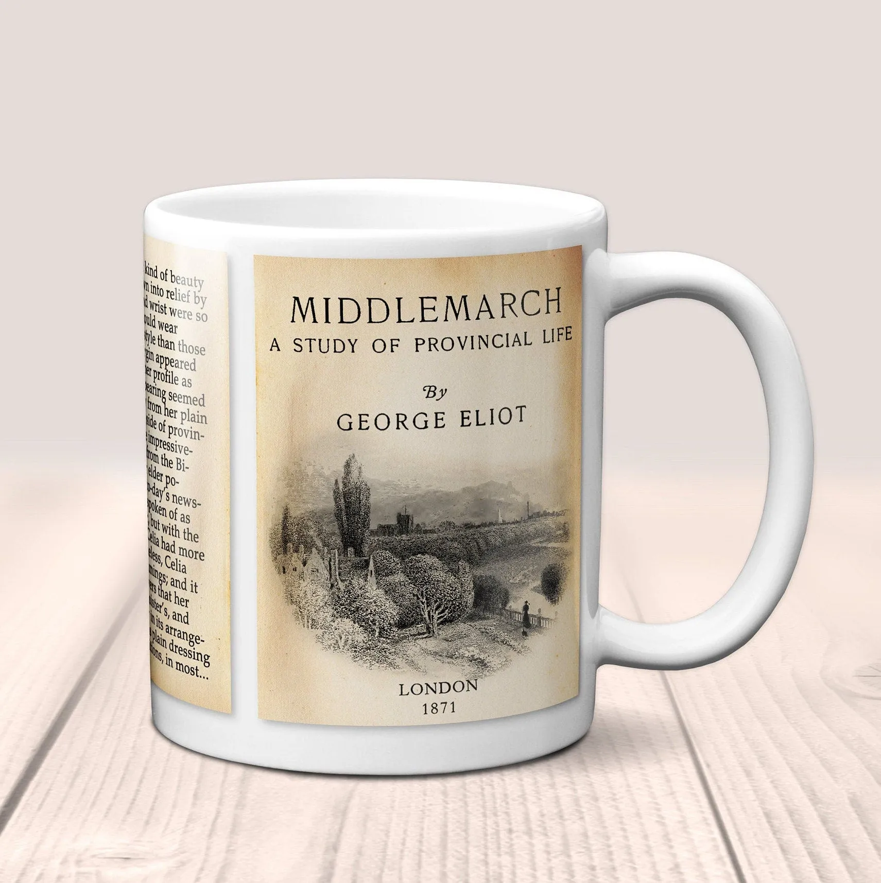 Middlemarch, A Study of Provincial Life by George Eliot Mug. Coffee Mug with Middlemarch book Title and Book Pages, Bookish Gift