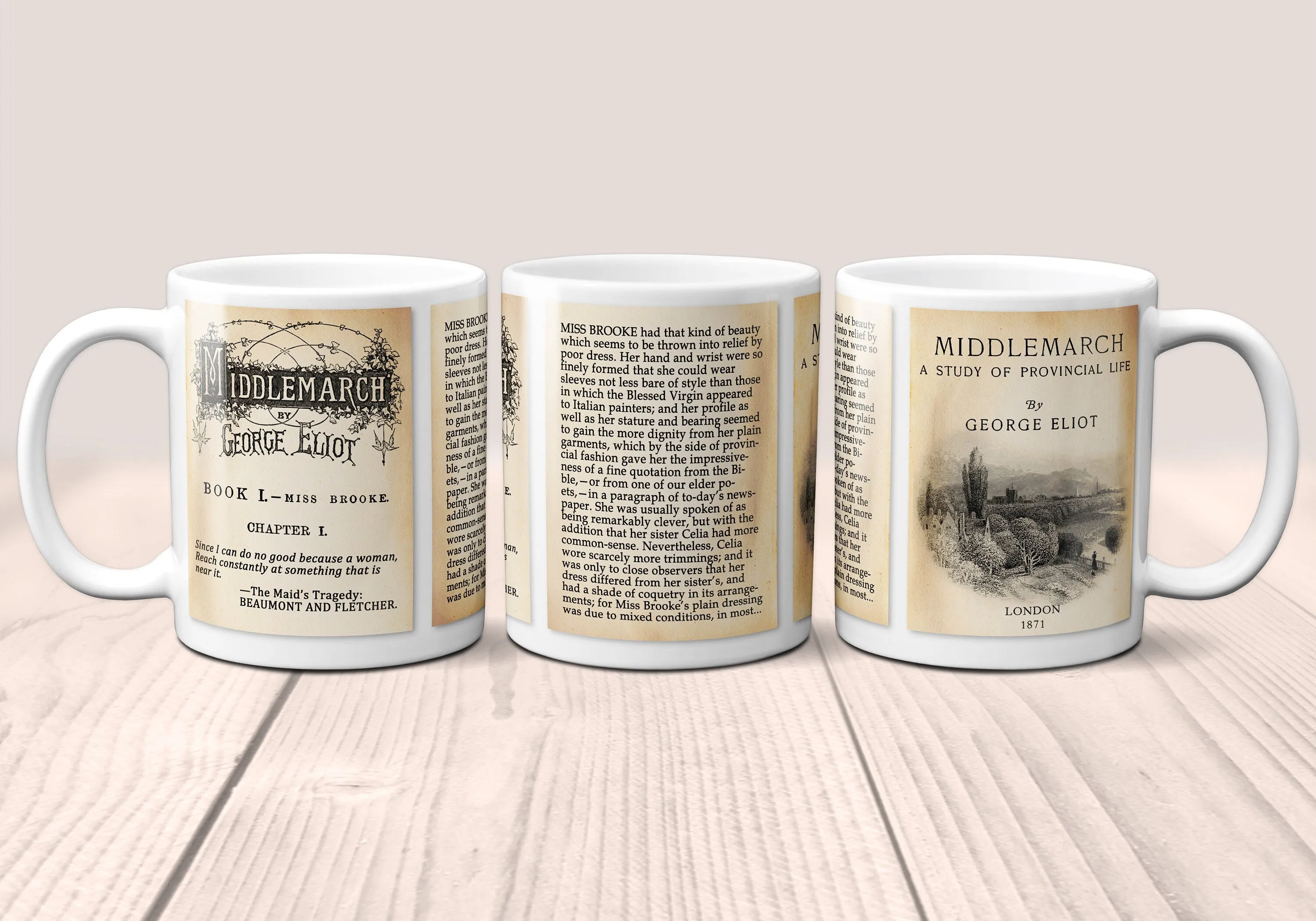 Middlemarch, A Study of Provincial Life by George Eliot Mug. Coffee Mug with Middlemarch book Title and Book Pages, Bookish Gift