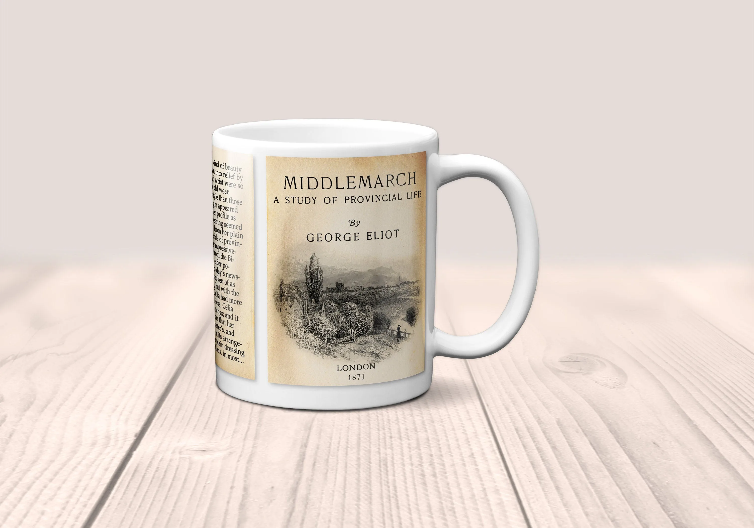 Middlemarch, A Study of Provincial Life by George Eliot Mug. Coffee Mug with Middlemarch book Title and Book Pages, Bookish Gift