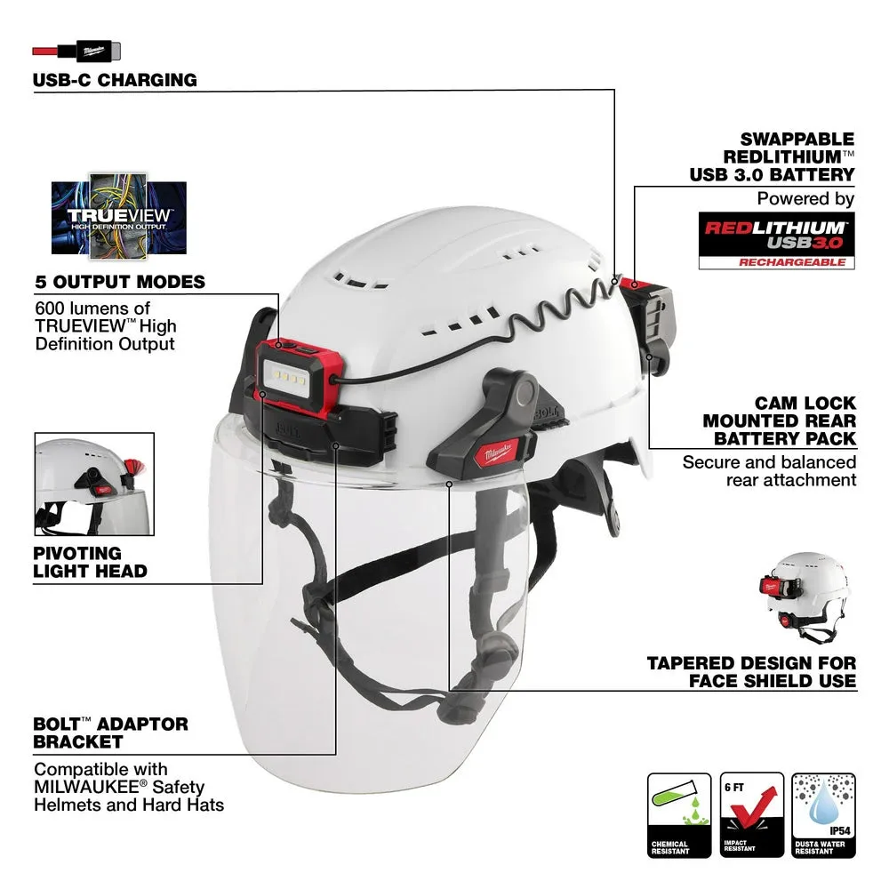 Milwaukee 2118-21 REDLITHIUM USB Rechargeable BOLT Hard Hat / Helmet Headlamp 600 Lumens