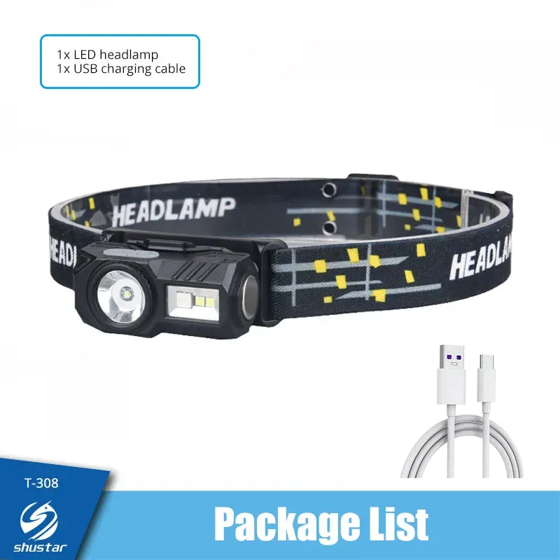 Mini LED Headlamp Motion Sensor Camping Fishing Lantern USB Rechargeable Headlight with Magnet Warning Lamp Cap Clip Lights