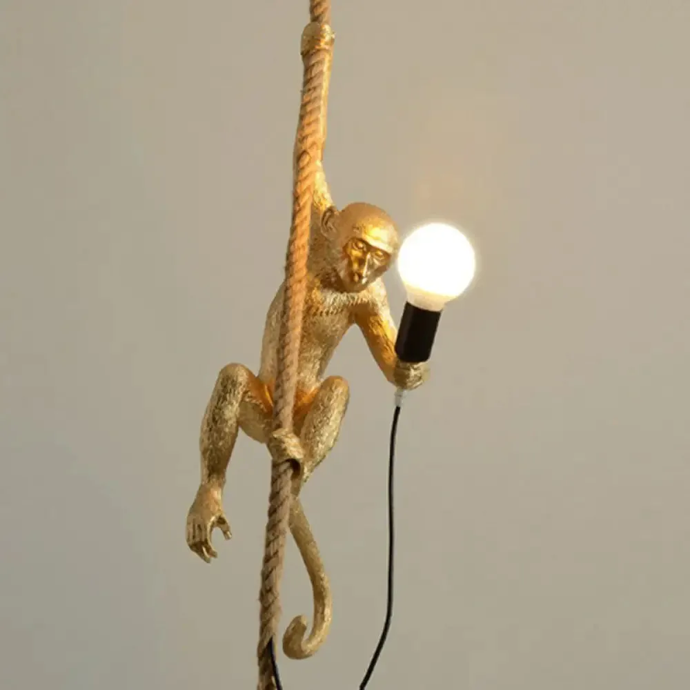 Monkey Resin Pendant Lamp with Hanging Rope - Artistic Ceiling Light Sculpture - 1 Bulb