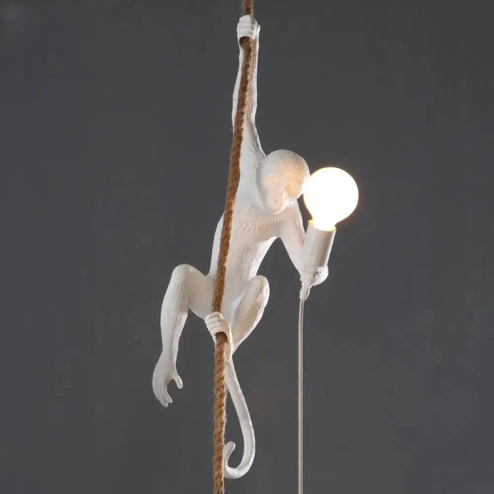 Monkey Resin Pendant Lamp with Hanging Rope - Artistic Ceiling Light Sculpture - 1 Bulb