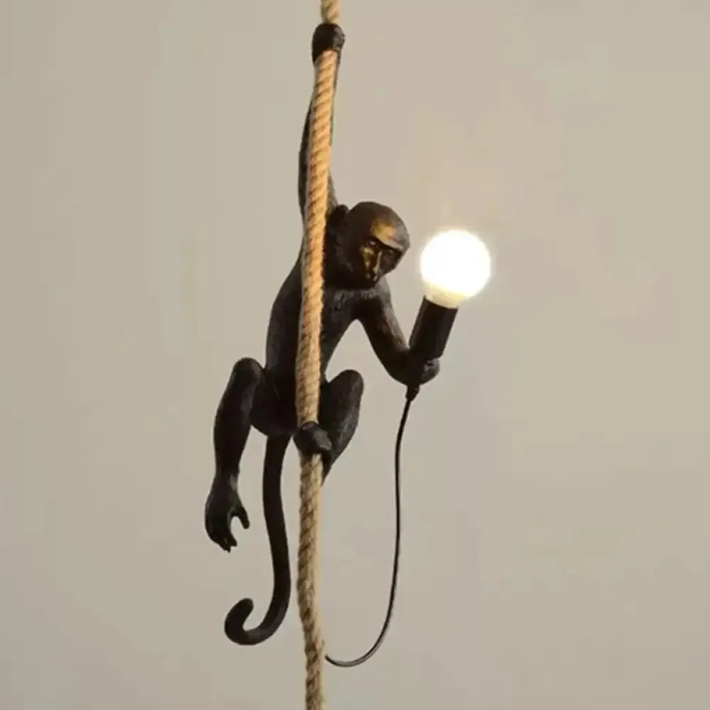 Monkey Resin Pendant Lamp with Hanging Rope - Artistic Ceiling Light Sculpture - 1 Bulb