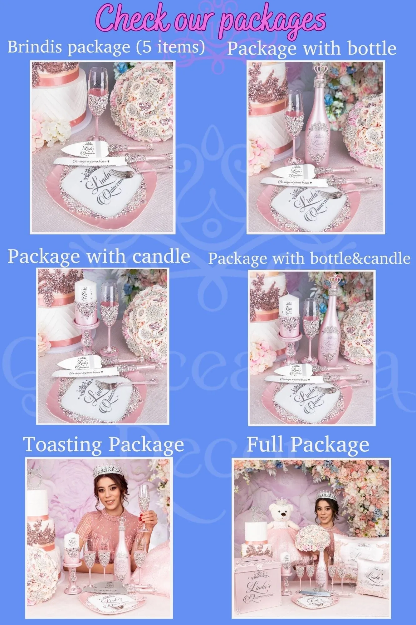 Navy blue and gold quinceanera package of bottle, glass and candle