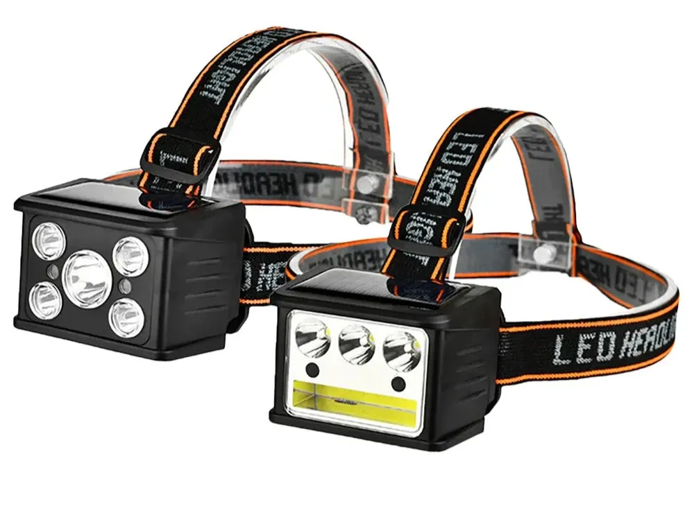 New Portable Solar LED COB Headlamp Five Mode Lighting USB Rechargeable Head Lantern Outdoor Waterproof Camping Headlight