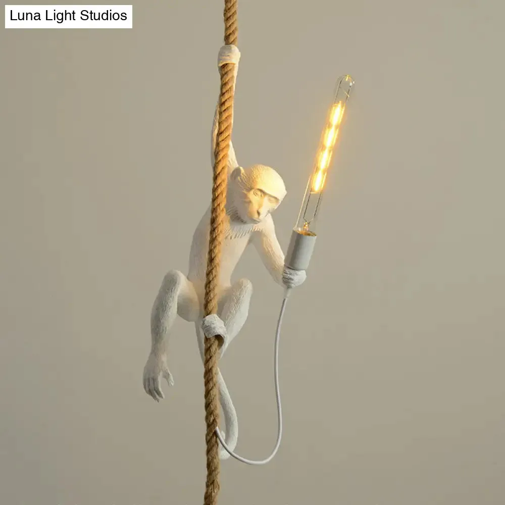 Novelty Lodge Pendant Light with Resin Monkey Pendulum - 1 Head, Gold/Black/White - Ideal for Restaurants - Rope Cord