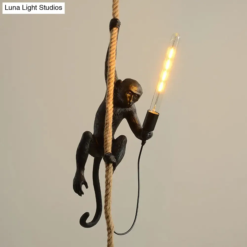 Novelty Lodge Pendant Light with Resin Monkey Pendulum - 1 Head, Gold/Black/White - Ideal for Restaurants - Rope Cord