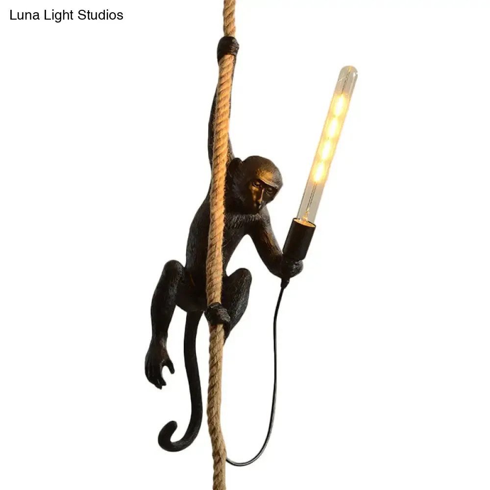 Novelty Lodge Pendant Light with Resin Monkey Pendulum - 1 Head, Gold/Black/White - Ideal for Restaurants - Rope Cord