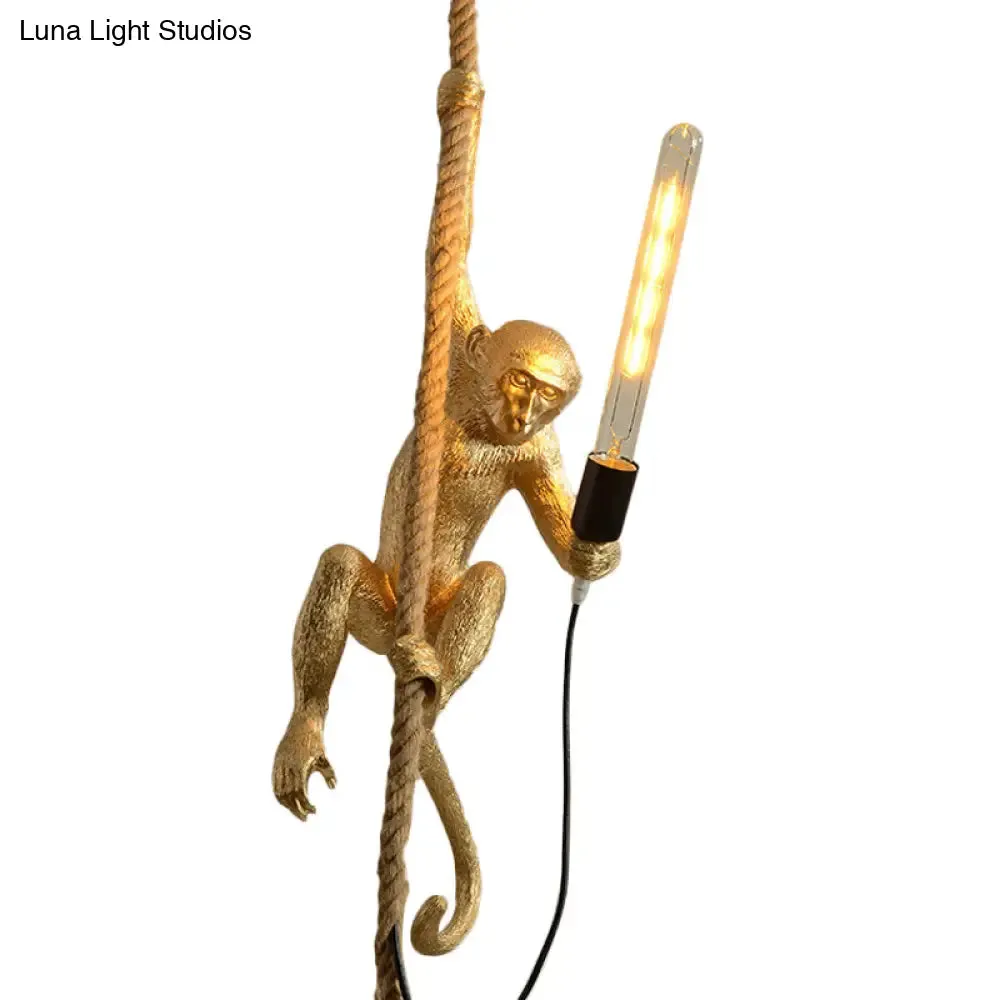 Novelty Lodge Pendant Light with Resin Monkey Pendulum - 1 Head, Gold/Black/White - Ideal for Restaurants - Rope Cord