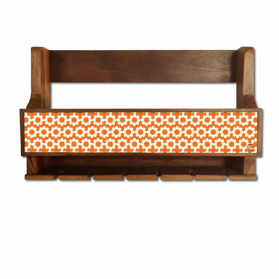 Nutcase Wooden Wine Bottle Rack Glass Holder Mini Bar for 5 Bottles 6 Glasses-Orange Polka