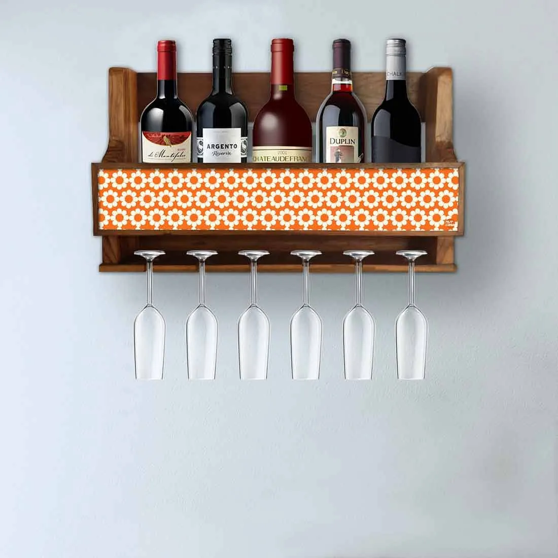 Nutcase Wooden Wine Bottle Rack Glass Holder Mini Bar for 5 Bottles 6 Glasses-Orange Polka