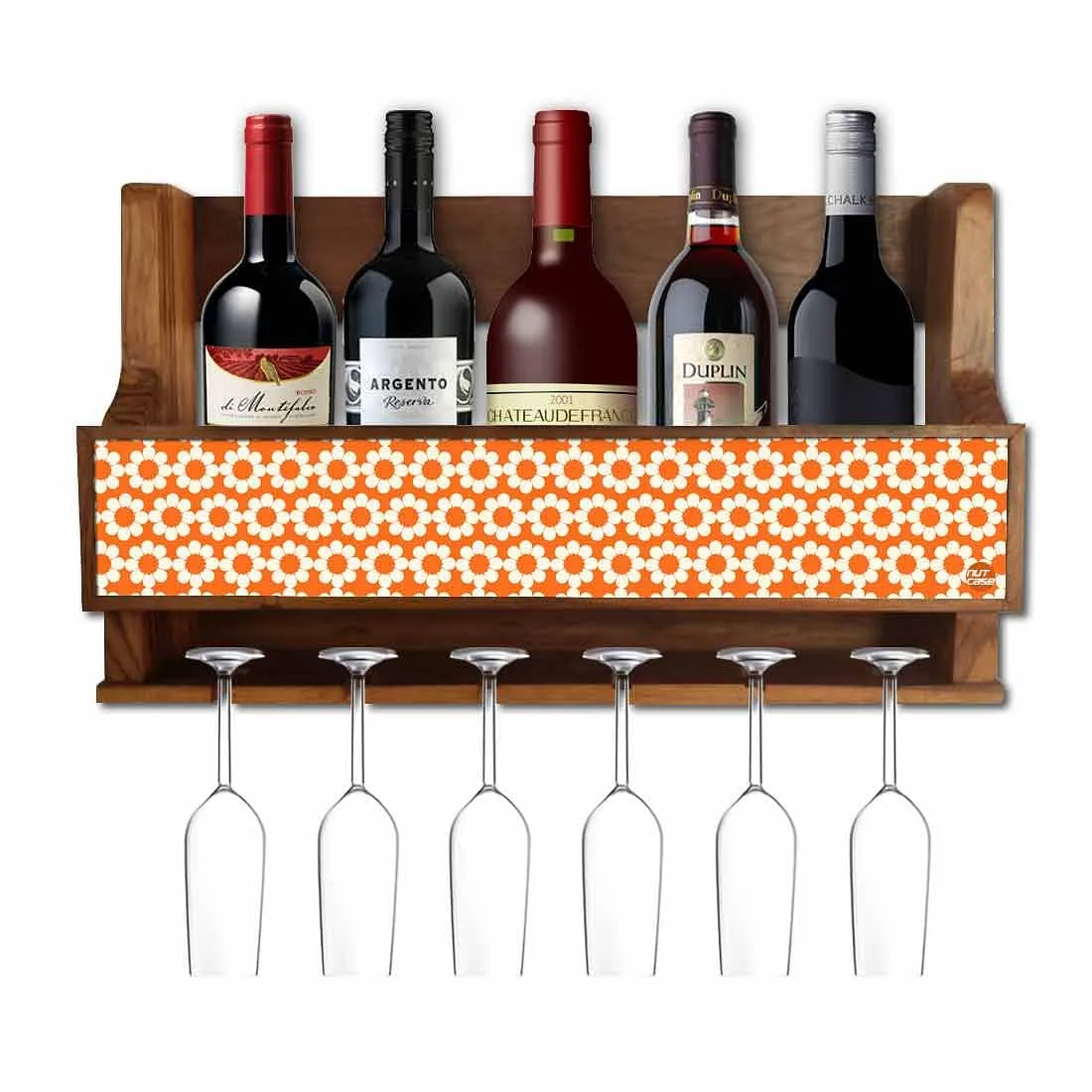 Nutcase Wooden Wine Bottle Rack Glass Holder Mini Bar for 5 Bottles 6 Glasses-Orange Polka