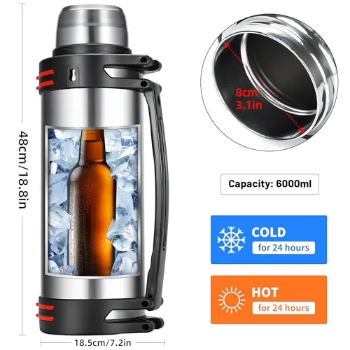 Olerd Large Thermosflask- 202oz Stainless Steel Insulated Bottle for Travel with BPA Free Cup - 6L Oversized Vacuum Insulated Thermoses with Handle and Strap for Hot & Cold Drinks(Silver)