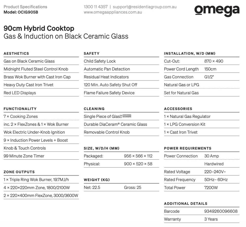 Omega OCIG905B 90cm Hybrid Cooktop, Gas & Induction - Special Order