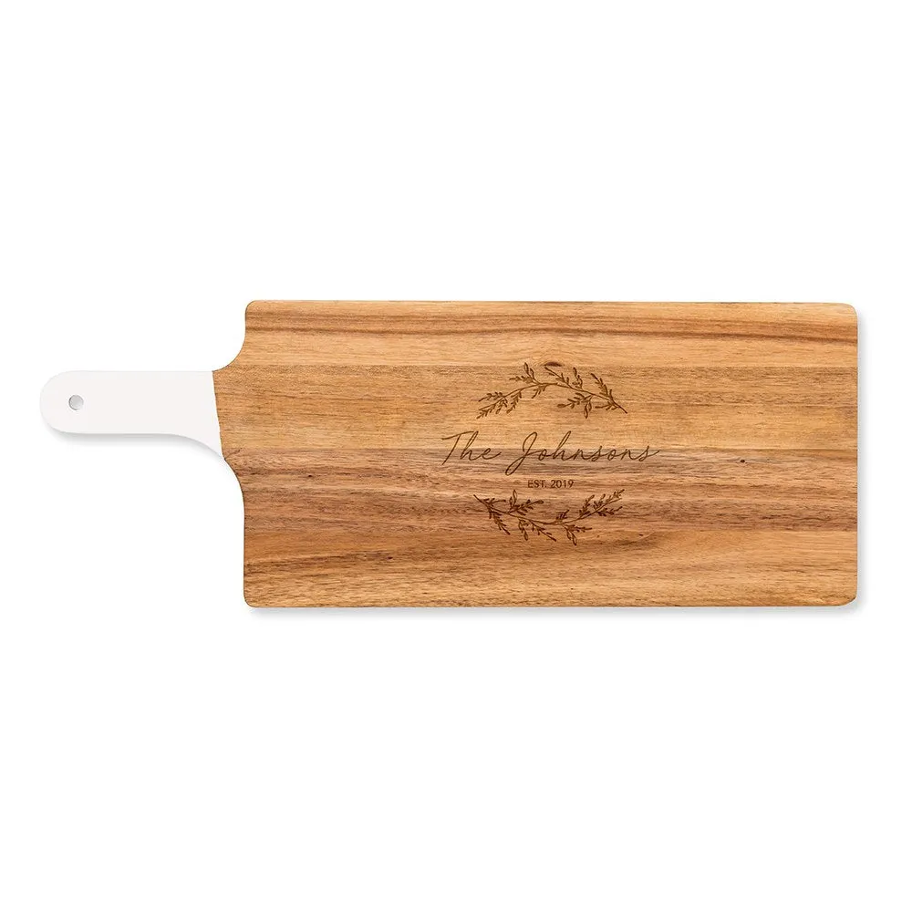 PERSONALIZED WOODEN CUTTING & SERVING BOARD WITH WHITE HANDLE  - SIGNATURE SCRIPT