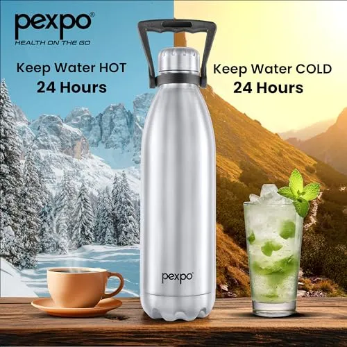 Pexpo Echo ISI Certified |2 Litre Water Bottle for Office| Vacuum Insulated Water Bottles with Handle|24 Hrs Hot & Cold | Thermos bottle | Flask | Silver| Home | Office | Kitchen | Men, Women & Adults