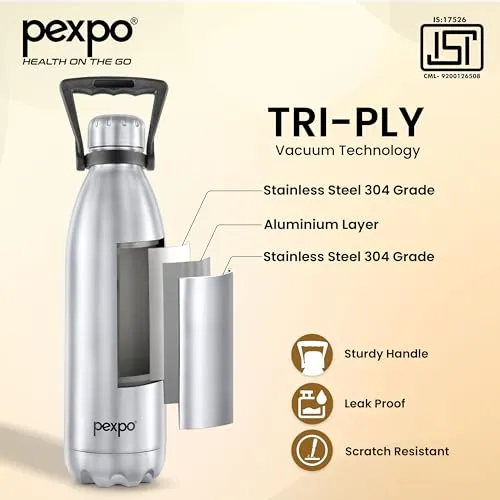 Pexpo Echo ISI Certified |2 Litre Water Bottle for Office| Vacuum Insulated Water Bottles with Handle|24 Hrs Hot & Cold | Thermos bottle | Flask | Silver| Home | Office | Kitchen | Men, Women & Adults