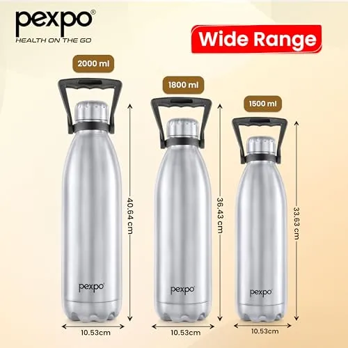 Pexpo Echo ISI Certified |2 Litre Water Bottle for Office| Vacuum Insulated Water Bottles with Handle|24 Hrs Hot & Cold | Thermos bottle | Flask | Silver| Home | Office | Kitchen | Men, Women & Adults