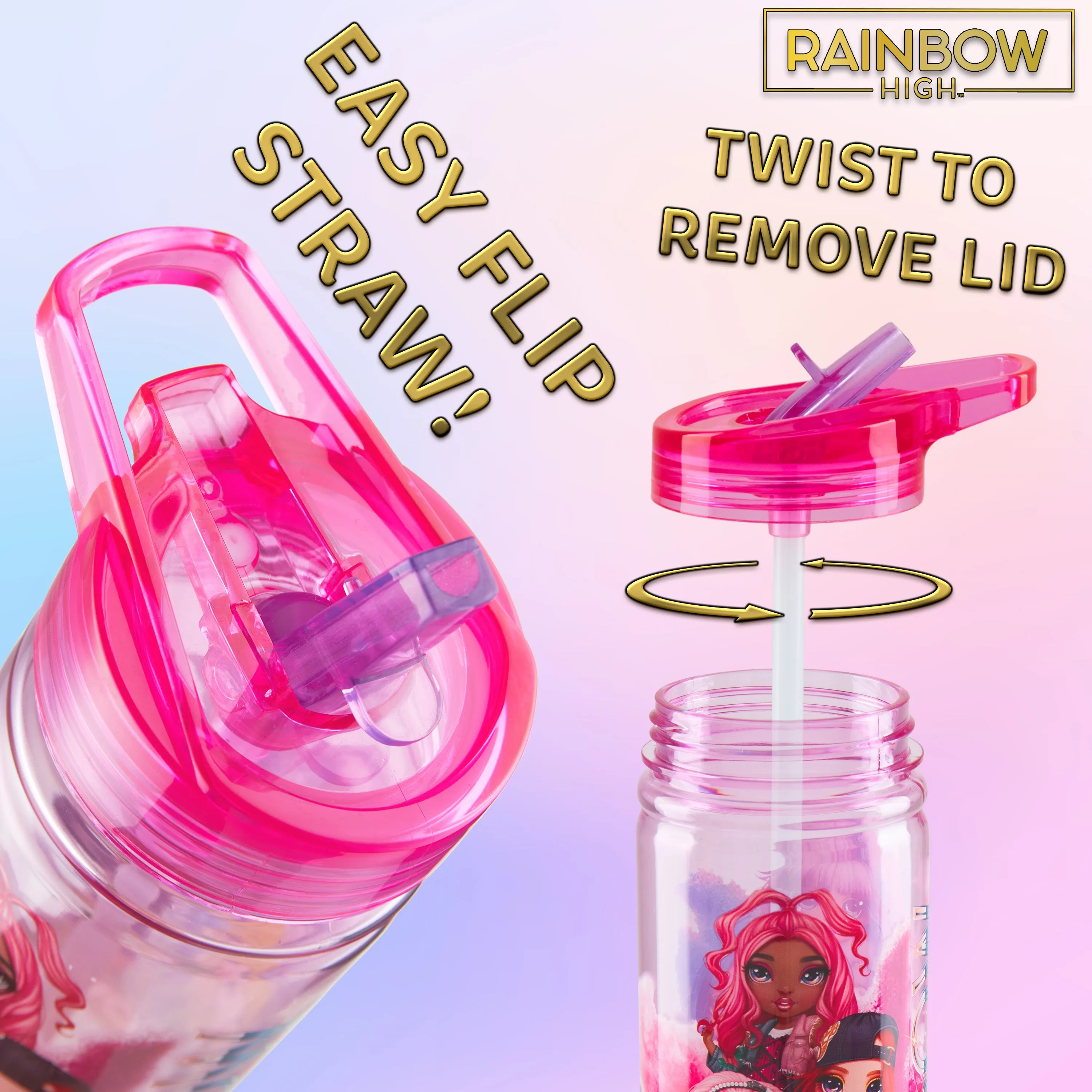 Rainbow High Water Bottle for Girls 580ml BPA Free Water Bottle With Straw