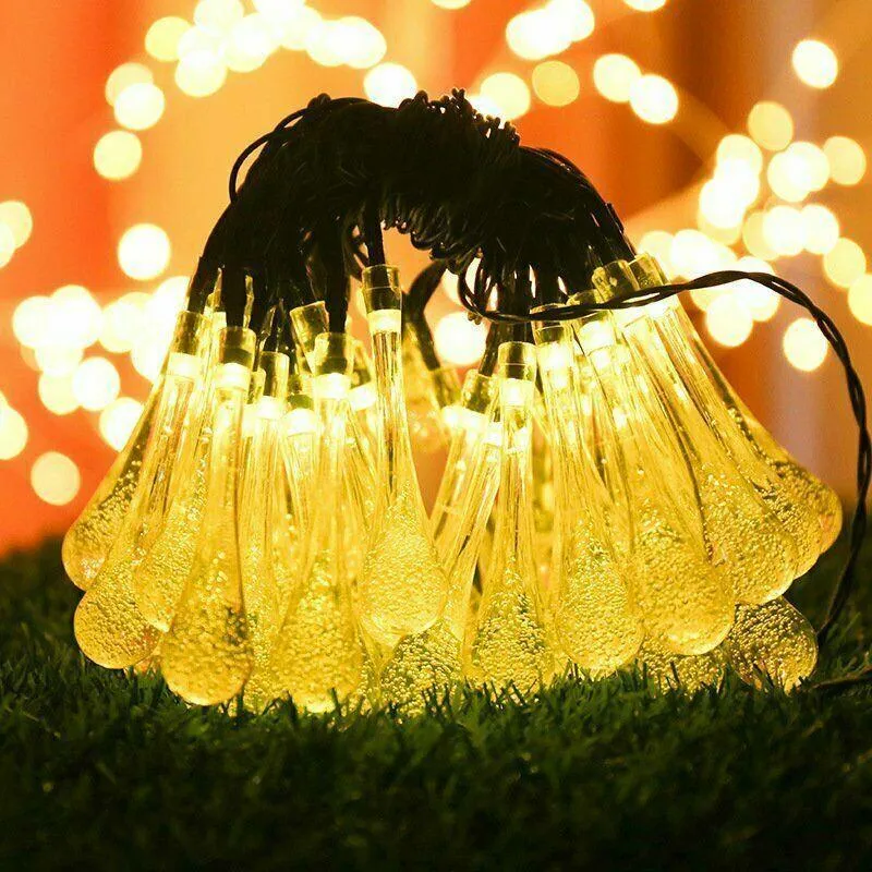 Raindrop Design Solar Powered Warm White Led String Lights